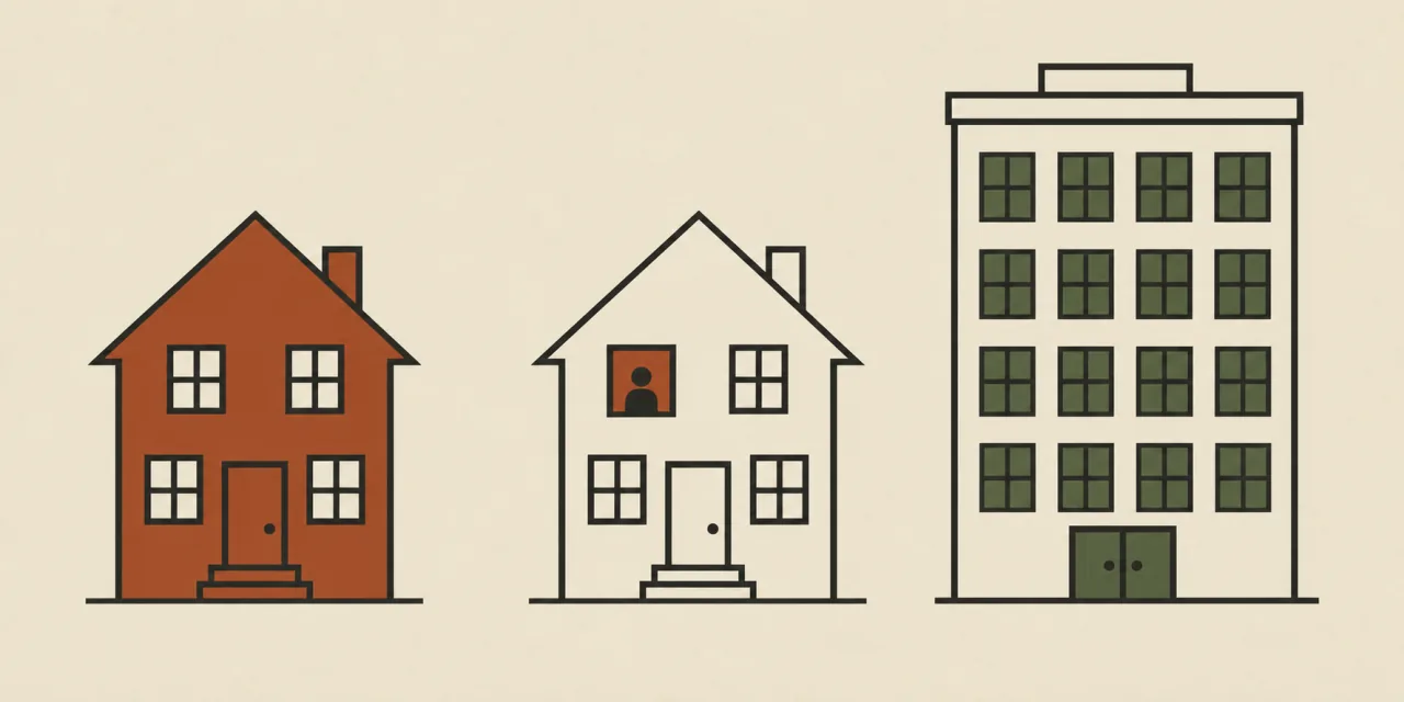 Schéma de trois pictogrammes : une maison entièrement colorée, une maison dont une seule fenêtre est occupée par une silhouette, un immeuble à nombreuses fenêtres