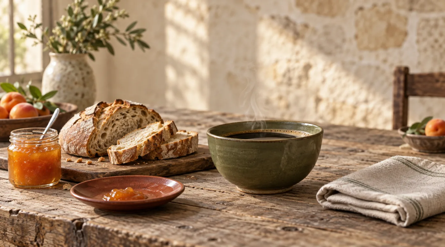 Petit-déjeuner sur une table en bois patiné : bol de café fumant, pain de campagne tranché, pot de confiture, abricots et serviette de lin pliée