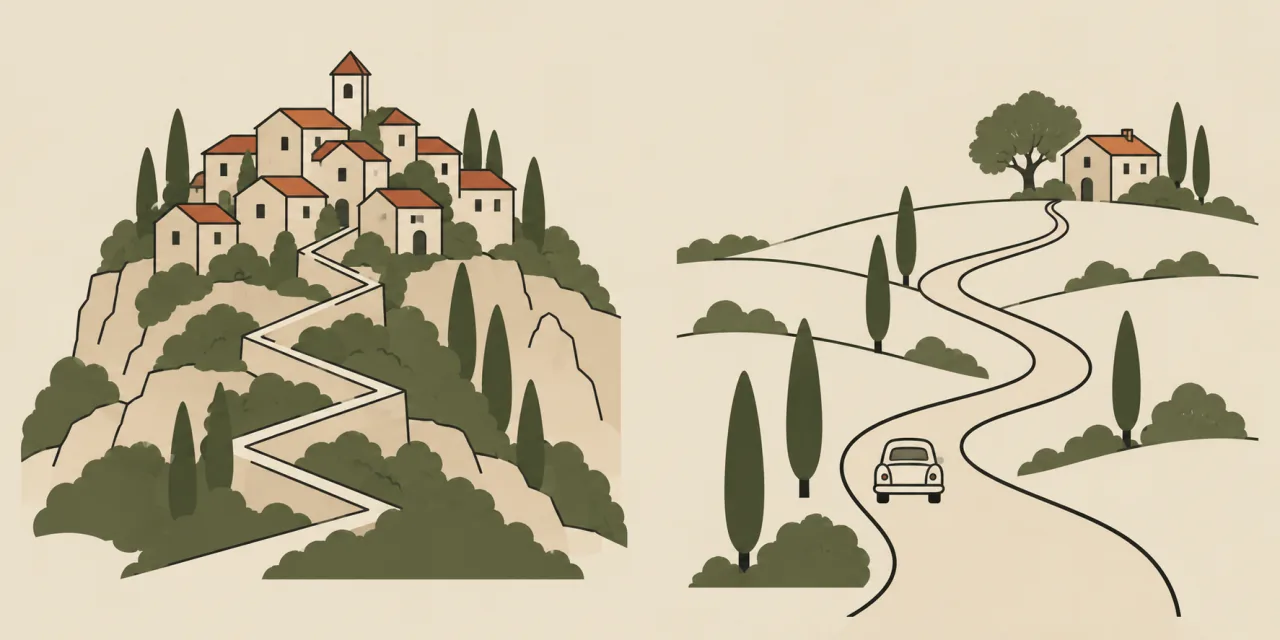 Illustration en deux volets : à gauche un village perché aux maisons serrées desservi par un sentier en lacets, à droite un mas isolé au bout d’une route sinueuse où roule une voiture