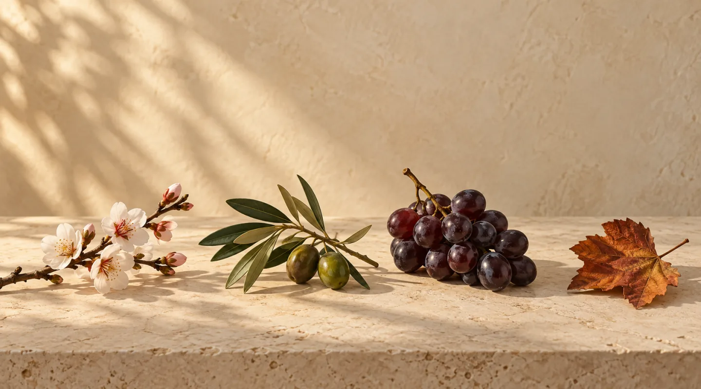 Nature morte sur une table de pierre claire : rameau fleuri, rameau d’olivier portant deux olives, grappe de raisin noir et feuille d’automne