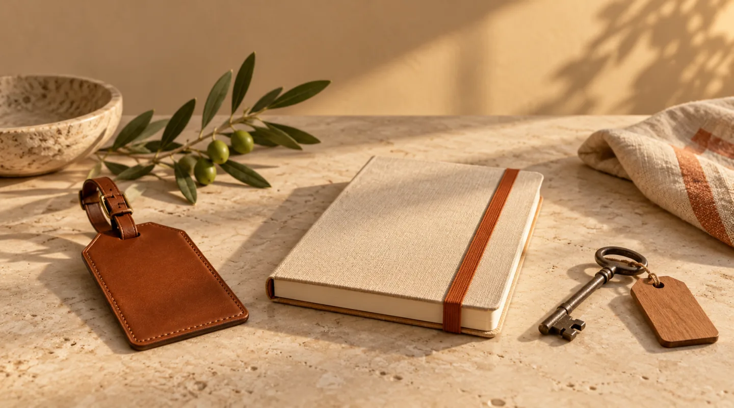 Blank leather luggage tag, a notebook closed with an ochre elastic band and an old key with a wooden tag on a light stone table, beside an olive sprig
